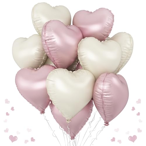 Herz Folienballon Rosa Creme, 18 Zoll Baby Rosa Weiß Herz Folien Luftballon Helium, 10 Stück Hellrosa Beige Mylar Herz Form Folien Ballon für Boho Mädchen Geburtstag Babypartys Hochzeit Valentinstag von TAOYE