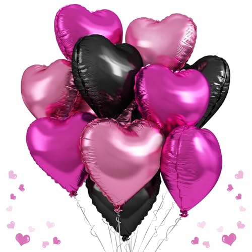 Herz Folienballons Rosa Schwarz, 12 Stück Hot Rosa Schwarz Herz Mylar Luftballons, 18 Zoll Hell Rosa Schwarz Herz Folien Ballons für Mädchen Geburtstag Hochzeit Baby Dusche Maus Party Dekoration von TAOYE