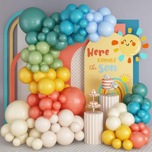 Luftballons Girland Retro Boho, 163 Stück Regenbogen Boho Ballon, Luftballons Girlande Orange Blau Gelb, Vintage Pastell Gelbe Blau Ballons Bunt für Kinder Sommer Babyparty Geburtstag Dekorations von TAOYE