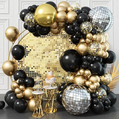 Luftballons Girland Schwarz Gold, 90 Stück Schwarz Metallic Gold Ballons Girland Set 18 12 10 5 Zoll Matt Schwarz Gold Ballons mit Silber Disco Ballons für Disco Geburtstag Party Hochzeit Abschluss von TAOYE