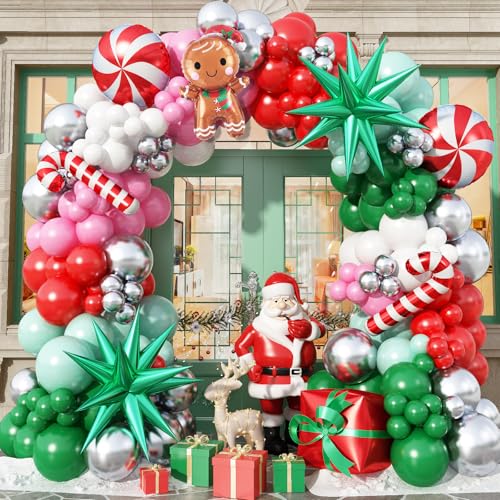 Luftballon Girlande Weihnachten, 153 Stück Rot Grün Weiß Ballon Hell Grün Rosa Metallic Silber Ballon mit Lebkuchenmann Zuckerstange Geschenkbox Explosion Stern Folienballons fur Weihnachts Party Deko von TAOYE