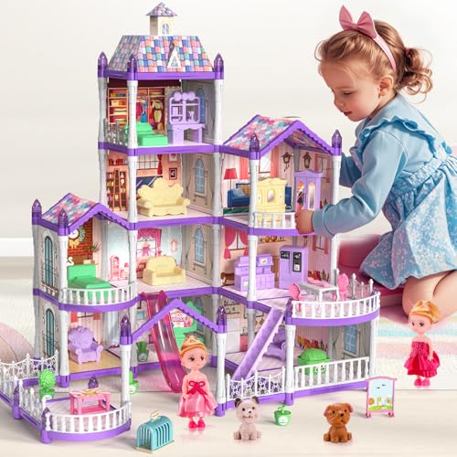 TASTIEN Prinzessin Puppenhaus Aufgerüstetes 4-stöckiges Puppenhaus mit Leuchtet im Dunkeln, Puppenhaus Spielset mit 2 Puppen, 12 Spielbereichen, Komplett Möbel & Zubehör, Spielzeug für 3 4 5 6 7 8 von TASTIEN