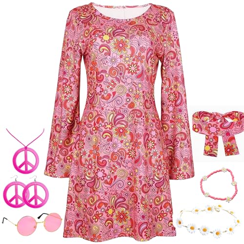 7 Stück Hippie Kostüm Damen, 60er Hippie Kleidung Damen, 70er Jahre Outfit Damen, Frauen Mädchen Disco Outfit mit Kleid Ohrringe Stirnband, Hippie Fasching Kostüm Damen für Karneval Mottoparty (XL) von TATAFUN