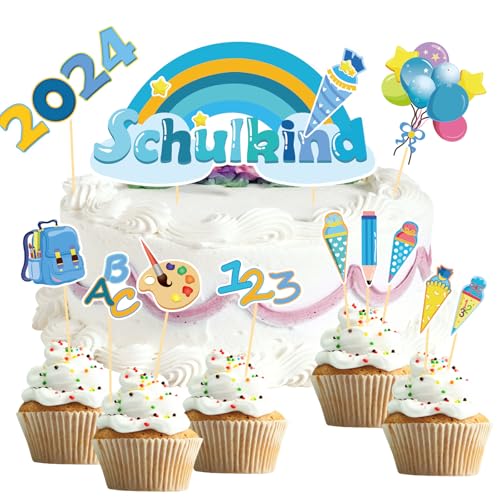 Schulanfang Tortendeko，Schulanfang Tortendeko Schulkind 2024 Füllung Schultüte,Zuckertüte Kuchen DekoBallon Tortenaufsätze Torten Cupcake Muffin Toppe，r 1. Schultag Schulanfang Party Deko (Farbe) von TATAFUN