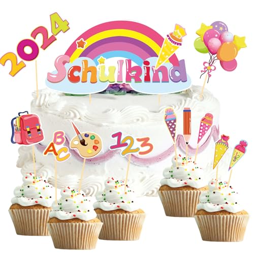 Schulanfang Tortendeko，Schulanfang Tortendeko Schulkind 2024 Füllung Schultüte,Zuckertüte Kuchen DekoBallon Tortenaufsätze Torten Cupcake Muffin Toppe，r 1. Schultag Schulanfang Party Deko (gepudert) von TATAFUN