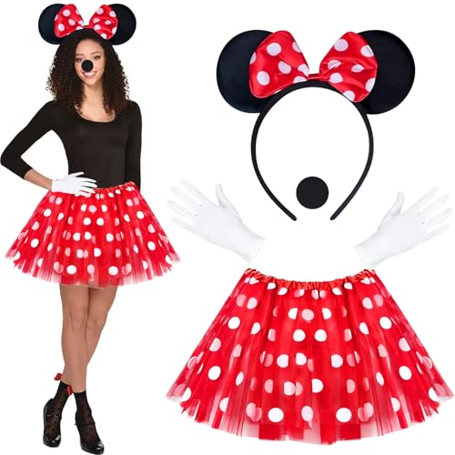 TATAFUN 4 Stück Mouse Karneval Kostüm Damen, Lustige Faschingskostüme Damen, Kostüm Damen mit Rot Tutu Maus Haarreifen, Karnevalskostüm Damen für Fasching Karneval Halloween Cosplay (A) von TATAFUN