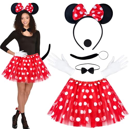 TATAFUN 6 Stück Mouse Karneval Kostüm Damen, Lustige Faschingskostüme Damen, Kostüm Damen mit Rot Tutu Maus Haarreifen Schwanz, Karnevalskostüm Damen für Fasching Karneval Halloween Cosplay (B) von TATAFUN