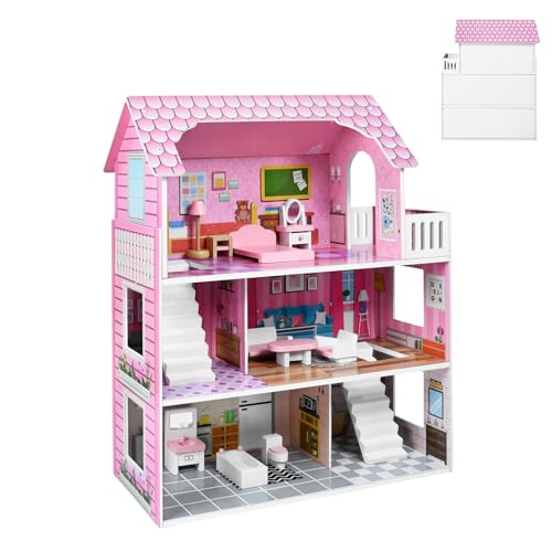 TATIVALO Hölzernes Puppenhaus Spielset, 3 Geschichten, mit Möbeln und Zubehör für Mini Puppe, Spielset für Minipuppen, Doll House Puppenvilla, Geschenk für Kinder Kleinkinder Mädchen, Typ A von TATIVALO