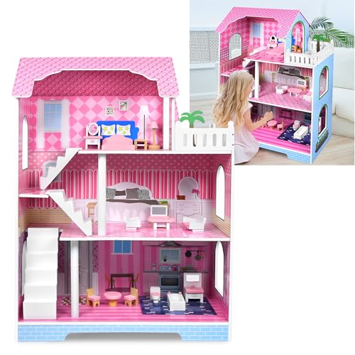 TATIVALO Hölzernes Puppenhaus Spielset, 3 Geschichten, mit Möbeln und Zubehör für Mini Puppe, Spielset für Minipuppen, Doll House Puppenvilla, Geschenk für Kinder Kleinkinder Mädchen, Typ B von TATIVALO