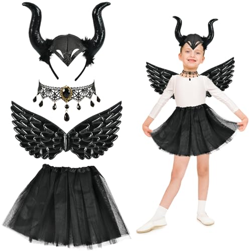 4 Stück Teufel Kostüm Mädchen, Böse Fee Costume Mädchen, mit Königin Hörner Haarreif, Teufel Tutu, Spitzenhalskette, Teufelsflügel, für Halloween, Karneval, Cosplay, Hexen Mottoparty Mädchen (A) von TAXTYHRE