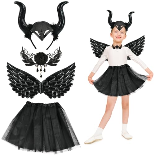 4 Stück Teufel Kostüm Mädchen, Böse Fee Costume Mädchen, mit Königin Hörner Haarreif, Teufel Tutu, Spitzenhalskette, Teufelsflügel, für Halloween, Karneval, Cosplay, Hexen Mottoparty Mädchen (B) von TAXTYHRE