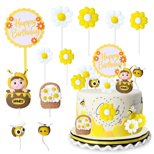 Bee Cake Toppers, 11 Stück Biene Kuchen Topper, Bee Gänseblümchen Torte Deko, Happy Birthday Tortendeko, Bee Thema Tortendeko für Baby Kinder Jungen Mädchen Partydekoration von TAXTYHRE