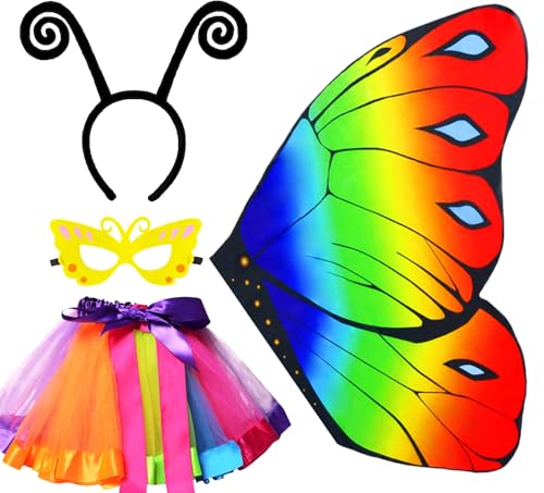 4pcs Kostüm Schmetterling Kinder, Schmetterlingsflügel Mädchen, Schmetterling Umhang Kinder, Mit Maske Tutu Tüllrock Stirnband, Geeignet für Rollenspiele, Karneval, Maskerade(Regenbogen) von TAXTYHRE