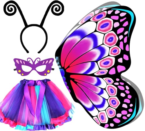 4pcs Kostüm Schmetterling Kinder, Schmetterlingsflügel Mädchen, Schmetterling Umhang Kinder, Mit Maske Tutu Tüllrock Stirnband, Geeignet für Rollenspiele, Karneval, Maskerade(Lila) von TAXTYHRE