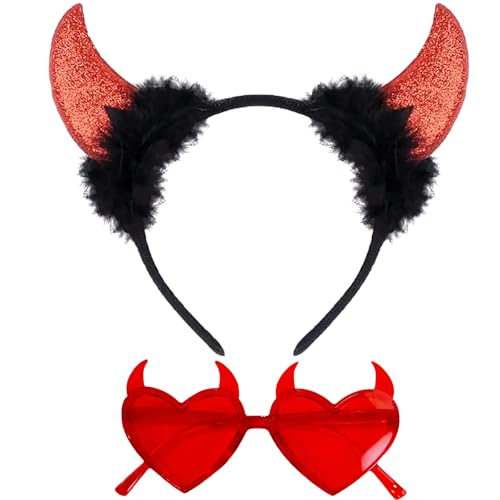 TAXTYHRE Halloween Haarreif Teufel, 2pcs Teufel Zubehör, Teufel Haarreif Set, Teufel Brille, Halloween Haarreif Teufel, Teufelshörner Brille, Tolle Party-Requisiten für Halloween, Karneval von TAXTYHRE