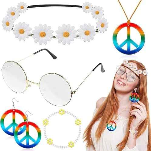 TAXTYHRE Hippie Kleidung Damen, 6 Stück Hippie Accessoires Set, 60er, 70er Jahre Damen Set, mit Hippie Ohrringe, Brillen, Stirnband, Armband und Friedenszeichen Kette von TAXTYHRE