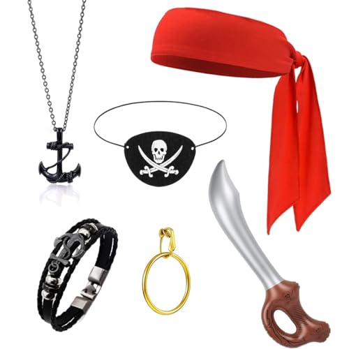 TAXTYHRE Pirate Zubehör Set, 6 Stück Piraten Set, Piraten Augenklappen, Piraten Kopftuch Schärpe, Piraten Halskette Ohrringe, Piraten Kostüm Zubehör für Kinder Cosplay Karneval Halloween von TAXTYHRE