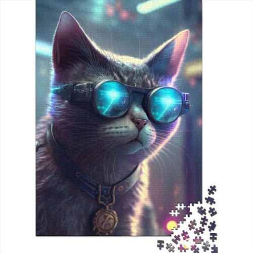 Cyberpunk-Katze, 500-teiliges Puzzle, Holzpuzzle für Erwachsene, schwieriges Puzzle für Erwachsene, Herausforderungsspiel, 500 Teile (52 x 38 cm) von TBDUEPS