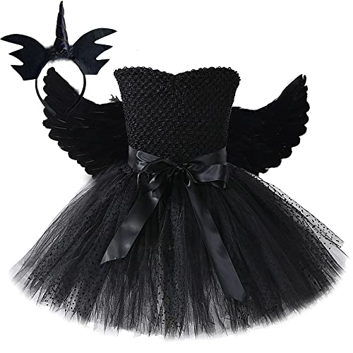 TBTROQXCT Einhorn Böser Engel Tutu Kleid for Mädchen Teufel Halloween Kostüme for Kinder Schwarzer Engel Kostüm Mädchen Prinzessin Flügel Outfits(Dress Wing Headband,100) von TBTROQXCT