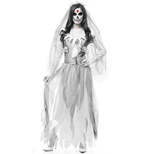 TBTROQXCT Halloween Cosplay Kostüme for Frauen Vampir Gruselig Horror Geisterbraut Tote Leiche Zombie Braut Kleid(White1,L) von TBTROQXCT