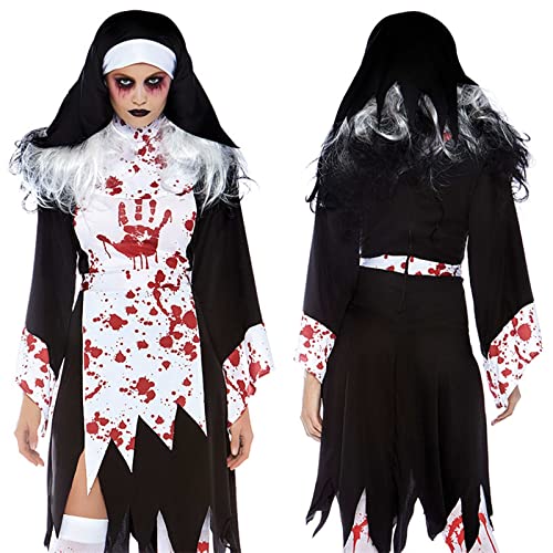 TBTROQXCT Halloween Horror Cosplay Kostüme Vintage Frauen Blut Handabdruck Nonne Priester Angst Spiel Charakter Cos Schwarz(L) von TBTROQXCT