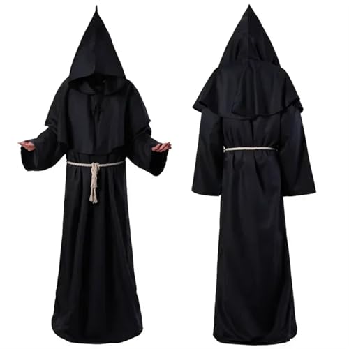 TBTROQXCT Halloween Zauberer Kostüm Cosplay Mittelalter Kapuzenrobe Kostüm Mönch Mönch Roben Priester Kostüm Antike Kleidung Christlicher Anzug(Black1,L) von TBTROQXCT