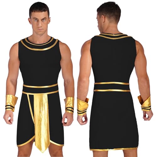 TBTROQXCT Herren Halloween Ägyptischer Pharao König Cosplay Kostüm Kontrastfarbe Kleid mit Manschetten Mottoparty Altes Ägypten Rollenspiel Kleidung(Black1,3XL) von TBTROQXCT