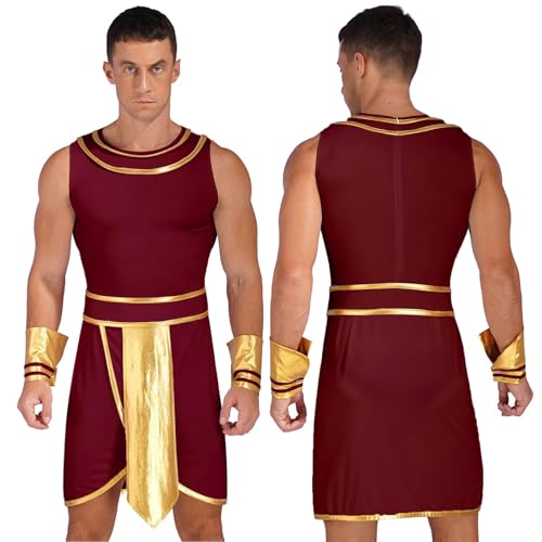 TBTROQXCT Herren Halloween Ägyptischer Pharao König Cosplay Kostüm Kontrastfarbe Kleid mit Manschetten Mottoparty Altes Ägypten Rollenspiel Kleidung(Burgundy1,3XL) von TBTROQXCT