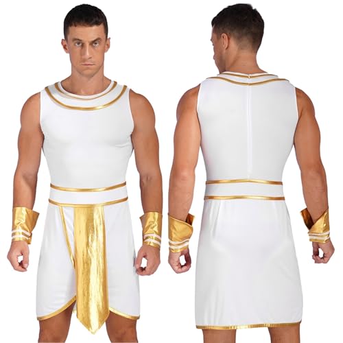 TBTROQXCT Herren Halloween Ägyptischer Pharao König Cosplay Kostüm Kontrastfarbe Kleid mit Manschetten Mottoparty Altes Ägypten Rollenspiel Kleidung(White1,3XL) von TBTROQXCT