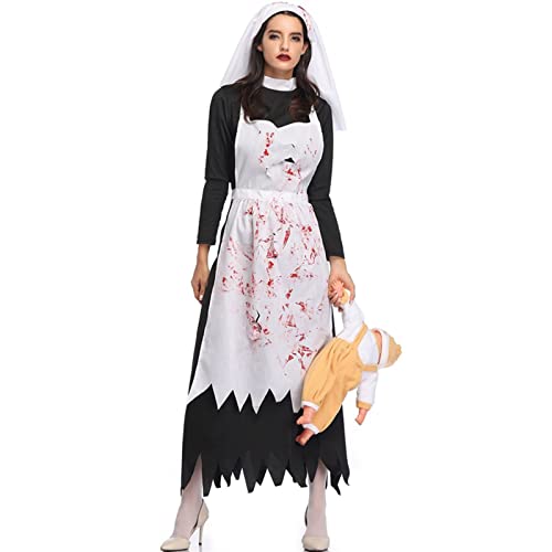 TBTROQXCT Karneval Halloween Lady Spooktacular Nonne Kostüm Scary Sinful Schwester Rollenspiel Cosplay Phantasie Party Kleid(White1,L) von TBTROQXCT