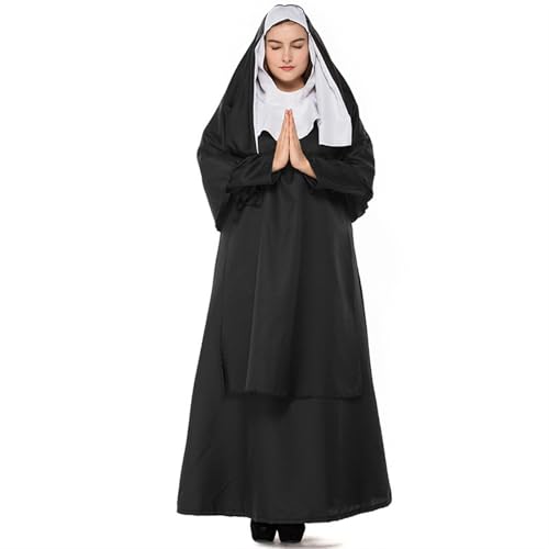 TBTROQXCT Nonne Schwester Gewohnheit Kostüm Halloween Frauen Christian Missionar Katholisch Cosplay Karneval Kostüm Balck Langes Kleid(Women,L) von TBTROQXCT