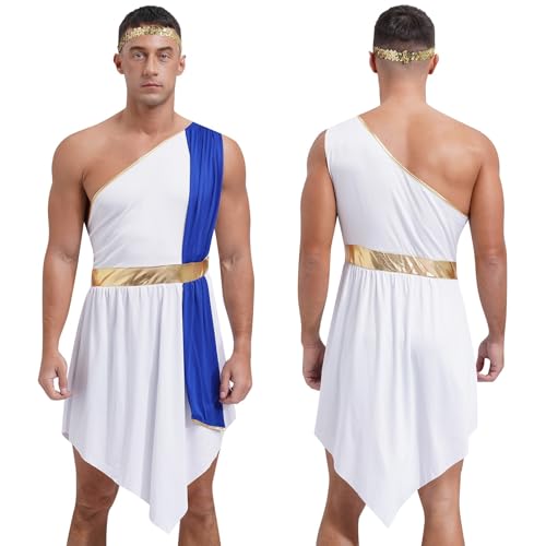 TBTROQXCT Römisches antikes griechisches Toga-Cosplay-Outfit for Herren, Rollenspiel-Outfit, Halloween-Kostüm, Robe mit unregelmäßigem Saum und Pailletten-Stirnband(Blue1,3XL) von TBTROQXCT