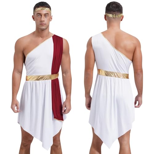 TBTROQXCT Römisches antikes griechisches Toga-Cosplay-Outfit for Herren, Rollenspiel-Outfit, Halloween-Kostüm, Robe mit unregelmäßigem Saum und Pailletten-Stirnband(Burgundy1,3XL) von TBTROQXCT