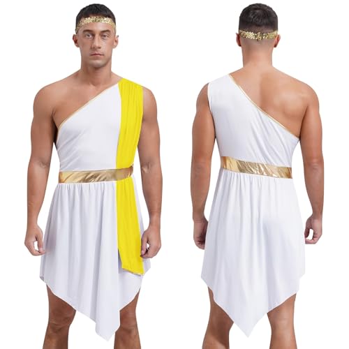 TBTROQXCT Römisches antikes griechisches Toga-Cosplay-Outfit for Herren, Rollenspiel-Outfit, Halloween-Kostüm, Robe mit unregelmäßigem Saum und Pailletten-Stirnband(Yellow1,3XL) von TBTROQXCT