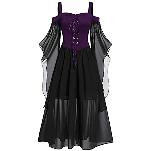 TBTROQXCT Schulterfreies Kleid for Damen, Halloween, U-Boot-Ausschnitt, Fliegenärmel for Damen, Hexenkostüm, Frauen, Difrases Hallowen Mujer Vampire(Purple black1,4XL) von TBTROQXCT