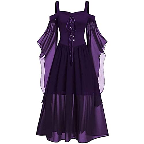 TBTROQXCT Schulterfreies Kleid for Damen, Halloween, U-Boot-Ausschnitt, Fliegenärmel for Damen, Hexenkostüm, Frauen, Difrases Hallowen Mujer Vampire(Purple1,3XL) von TBTROQXCT