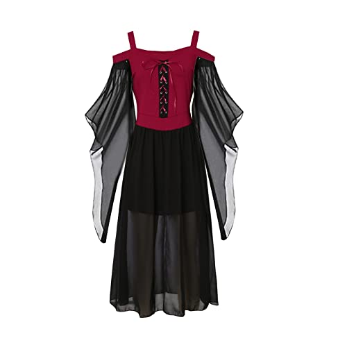 TBTROQXCT Schulterfreies Kleid for Damen, Halloween, U-Boot-Ausschnitt, Fliegenärmel for Damen, Hexenkostüm, Frauen, Difrases Hallowen Mujer Vampire(Red1,3XL) von TBTROQXCT