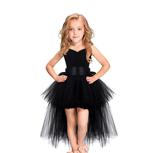 TBTROQXCT Schwarze Mädchen Kleid Tulle V-Ausschnitt Zug Mädchen Abendparty Kleider Kinder Mädchen Ballkleid Kleid Halloween Kostüm 2-8y(Black1,M) von TBTROQXCT