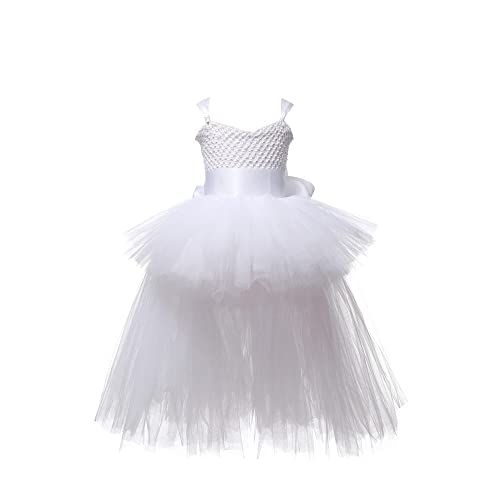 TBTROQXCT Schwarze Mädchen Kleid Tulle V-Ausschnitt Zug Mädchen Abendparty Kleider Kinder Mädchen Ballkleid Kleid Halloween Kostüm 2-8y(White1,L) von TBTROQXCT