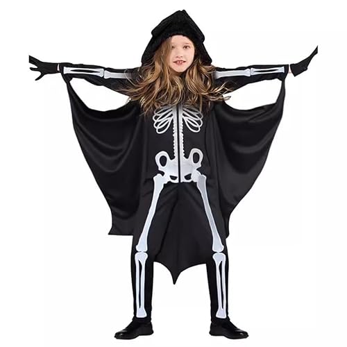 TCNGKIJIUK Fledermaus Skelett Umhang Overall Kinder Fledermaus Set Hexe Outfits Umhang Handschuhe Halloweenkostüm Kinderkostüm Jungen Mädchen Vampir Kostüm Fledermausflügel Gruselig Cosplay Karneval von TCNGKIJIUK