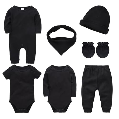 TDEOK Neugeborenen-Kleidungsset aus doppelter Baumwolle, 7 Sets einfarbiger Kletterkleidung, koreanische Version einfarbiger Herren- und Damenkleidung für Kinder Kleinkind Kostüm (Black, 0-3 Months) von TDEOK