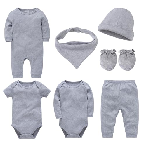 TDEOK Neugeborenen-Kleidungsset aus doppelter Baumwolle, 7 Sets einfarbiger Kletterkleidung, koreanische Version einfarbiger Herren- und Damenkleidung für Kinder Kleinkind Kostüm (Grey, 0-3 Months) von TDEOK