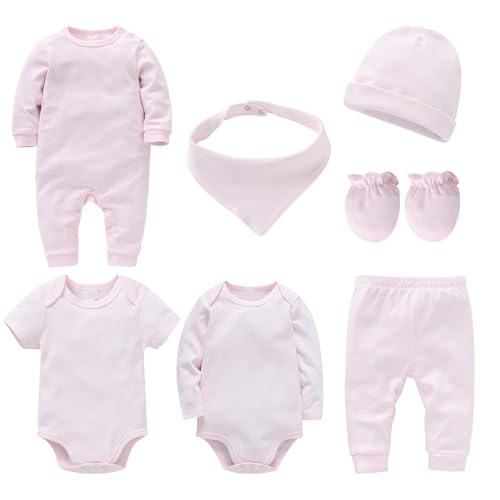 TDEOK Neugeborenen-Kleidungsset aus doppelter Baumwolle, 7 Sets einfarbiger Kletterkleidung, koreanische Version einfarbiger Herren- und Damenkleidung für Kinder Kleinkind Kostüm (Pink, 0-3 Months) von TDEOK