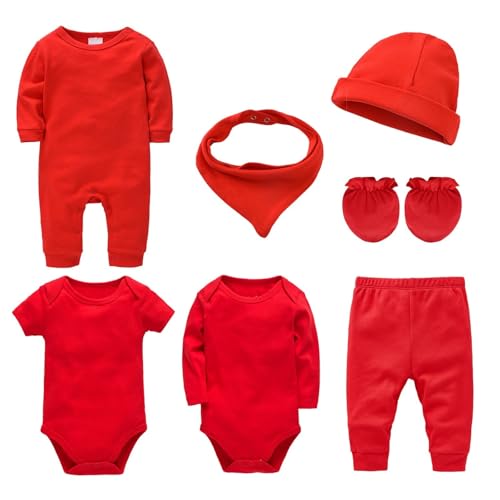 TDEOK Neugeborenen-Kleidungsset aus doppelter Baumwolle, 7 Sets einfarbiger Kletterkleidung, koreanische Version einfarbiger Herren- und Damenkleidung für Kinder Kleinkind Kostüm (Red, 0-3 Months) von TDEOK