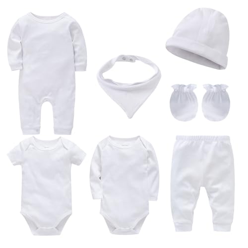 TDEOK Neugeborenen-Kleidungsset aus doppelter Baumwolle, 7 Sets einfarbiger Kletterkleidung, koreanische Version einfarbiger Herren- und Damenkleidung für Kinder Kleinkind Kostüm (White, 0-3 Months) von TDEOK