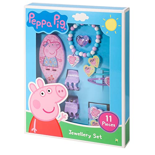 Peppa Pig 11 Stück Schmuck & Mode Accessoires Beauty Set für Mädchen mit Haarbürste, Armband, Bänder, Clips & Ring von TDL