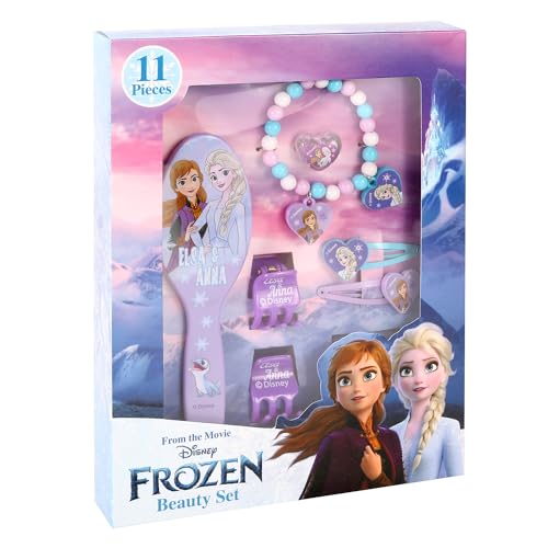 TDL 11pc Frozen Anna & Elsa Beauty Set Mädchen Schmuck & Haarschmuck Kit Lila Geschenkset Dress Up Haarbürste Armbänder Scrunchies Charms von TDL