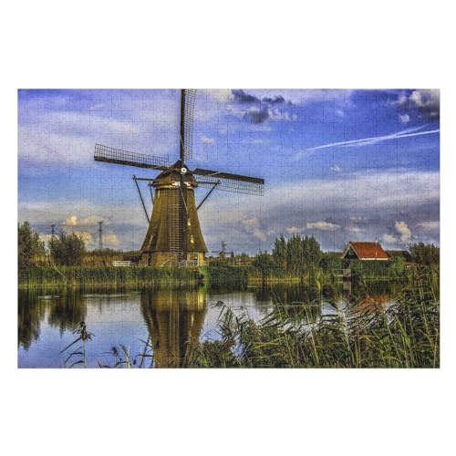 Klassische Puzzle für Erwachsene Teenager Freizeit Spaß Spiel Spielzeug Geeignet，, Windmill, River, Trees, Grass, ，Lernspielzeug FüR Kinder Holz 75x50 von TDXYz