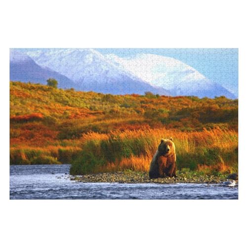 Klassische Puzzle für Erwachsene Teenager Freizeit Spaß Spiel Spielzeug Geeignet，Brown Bear, Grass, River, Mountains, ，Lernspielzeug FüR Kinder Holz 75x50 von TDXYz