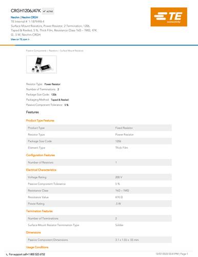 TE Connectivity 1-1879498-4 47kΩ SMD 1206 0.5W 0.05% 5000 St. Tape on Full reel von TE Connectivity